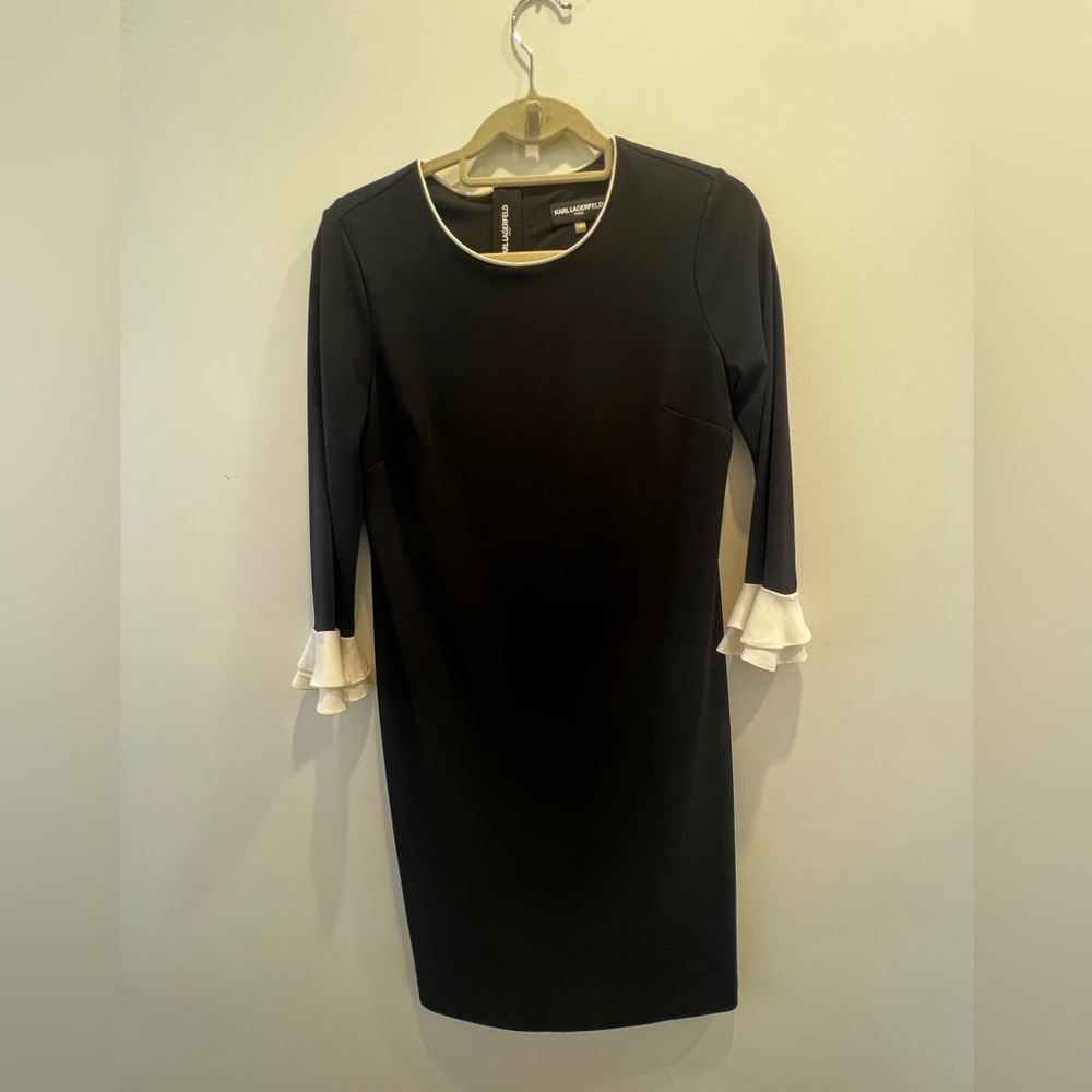Karl Lagerfeld Black knee length dress with 3/4 length sleeves with white detail - Picture 4 of 6